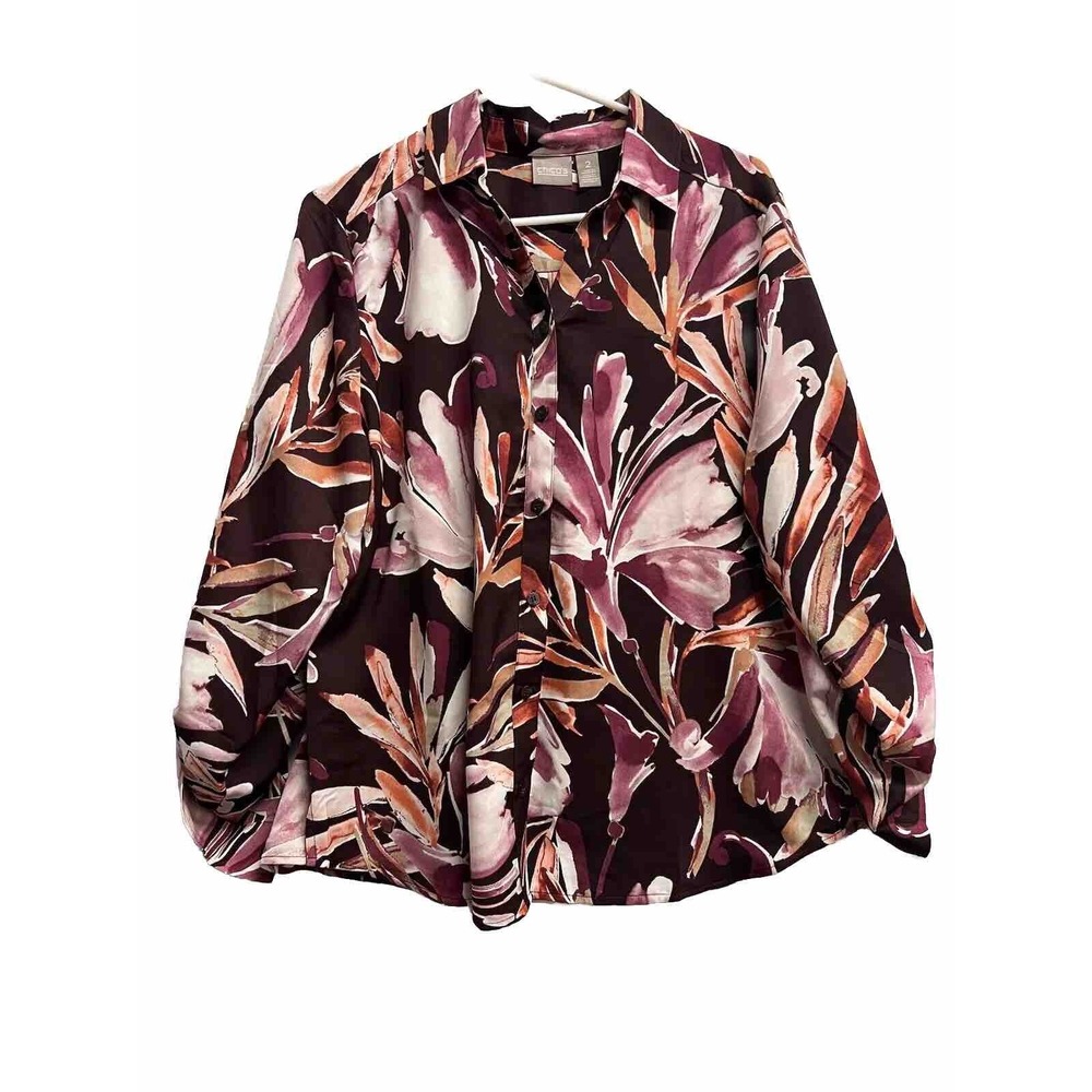 Chicos Blouse Top 2 Floral Multi Button Up‎ Flip Cuff career